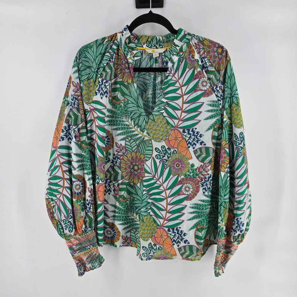 Boden Popover Blouse 16/18 Green Tropical Pineapple Smocked Cuff Ruffle V-Neck